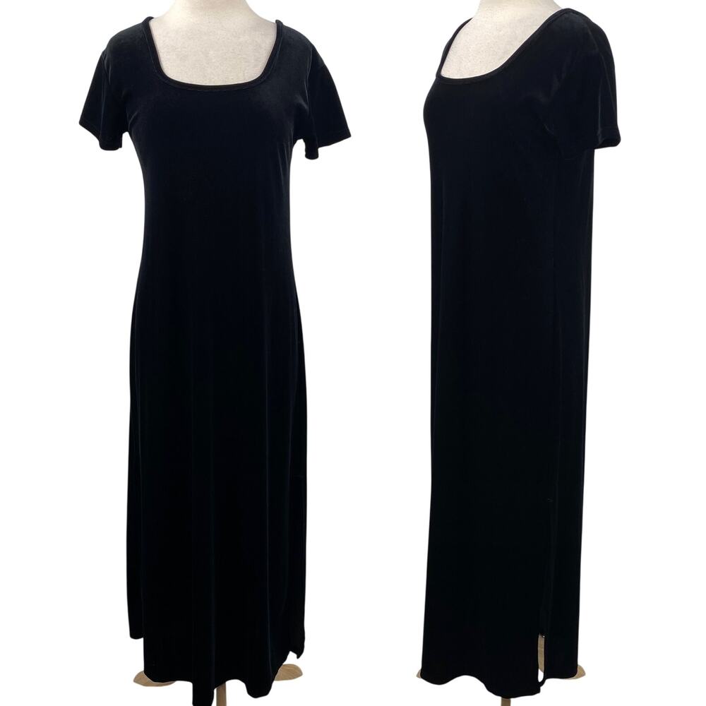 Vintage 90s Stretch Velvet Maxi Dress Square Neck Short Sleeve A Line Black